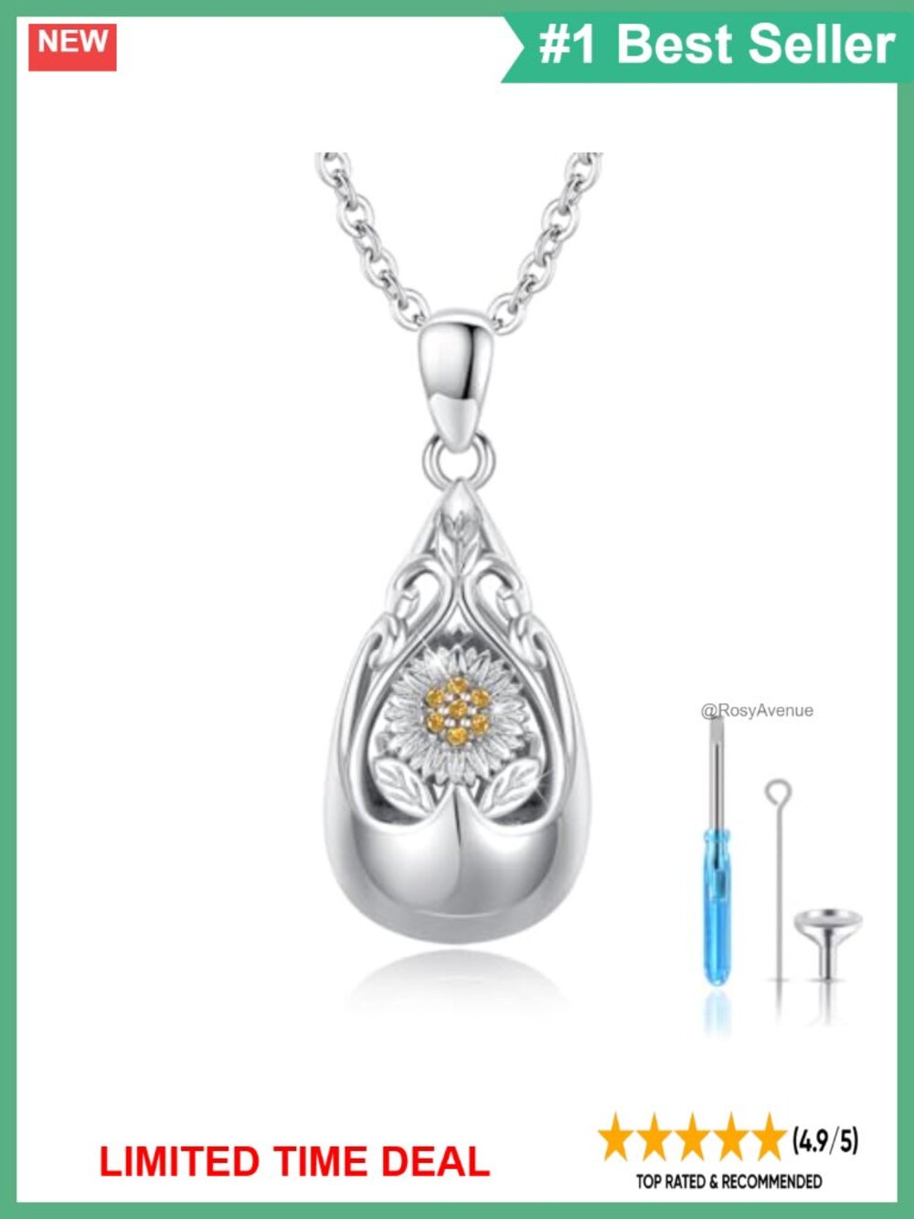 925 Sterling Silver Sunflower Urn Necklace for Ashes Keepsake Memorial Pendant